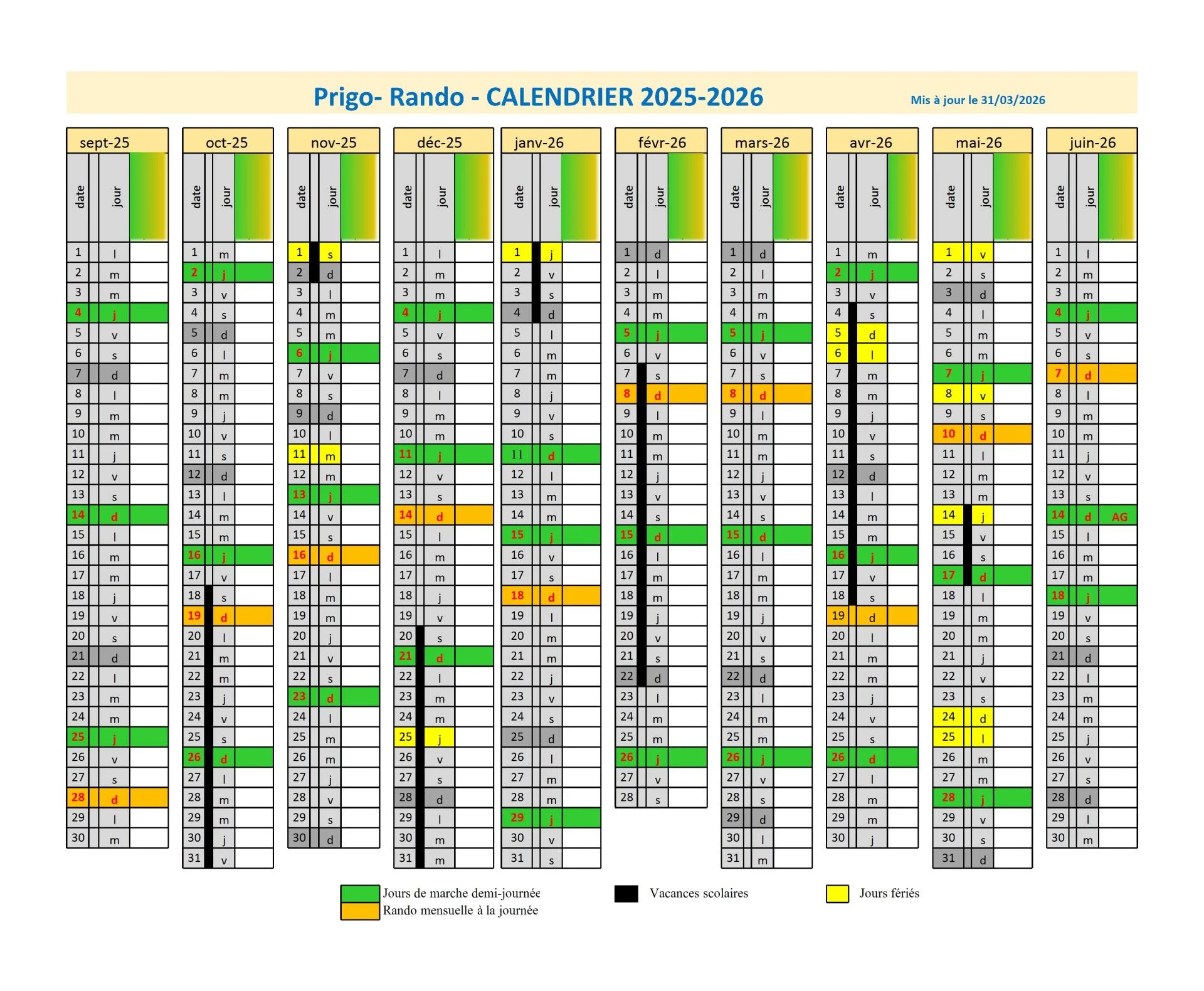 Calendrier 2025 2026 au 31 03 26